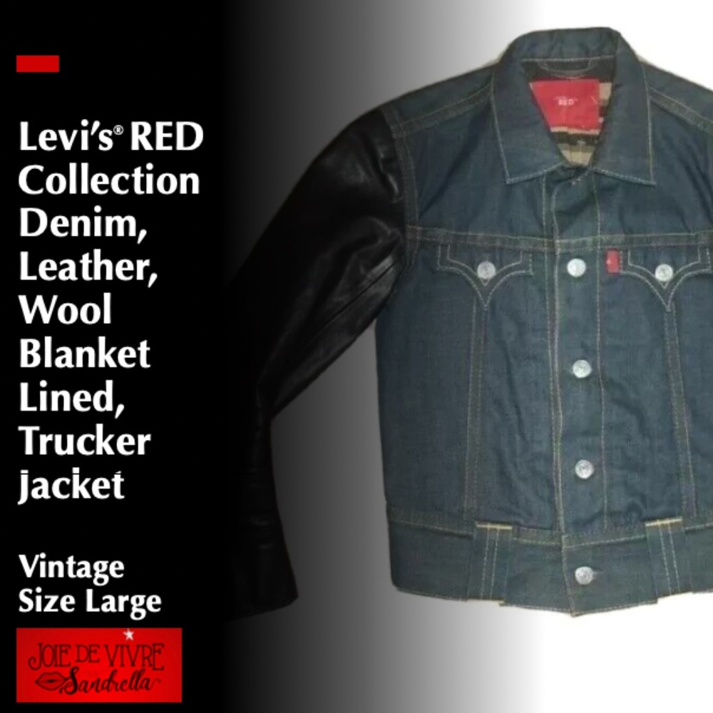 Vintage Levi's Red Collection Denim, Leather,Wool Blanket Lined,Trucker Jacket L